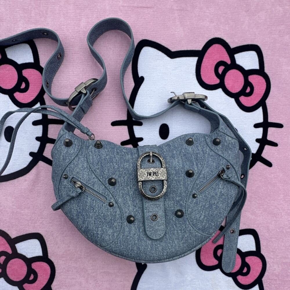 JW PEI Blue Denim Studded Crescent Shoulder Bag Y2K w Box Dust Bag